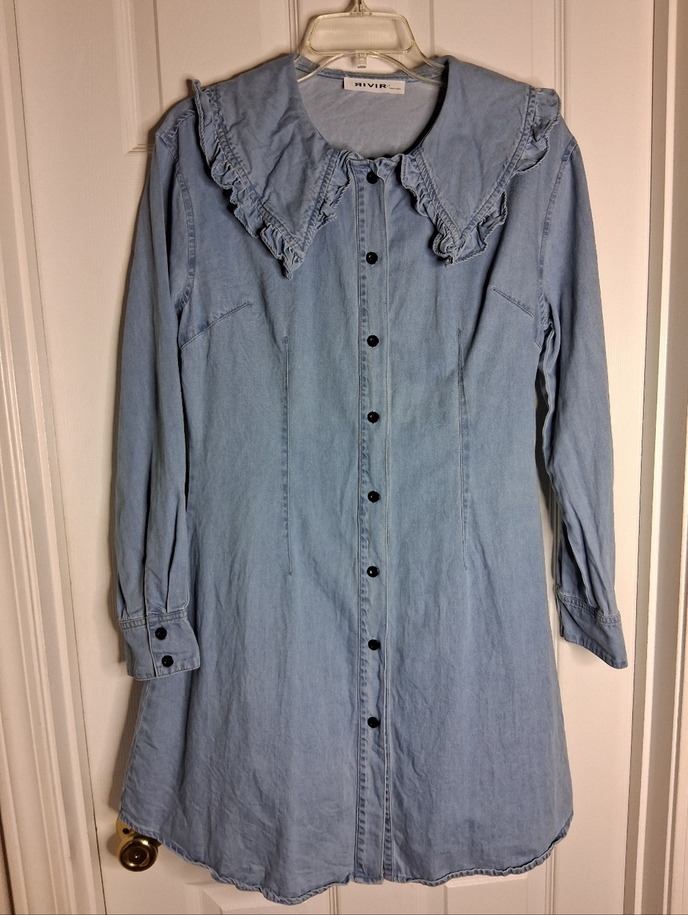 Light Blue Chambray Denim Button-Up Dress with Ruffle Collar SZ Med